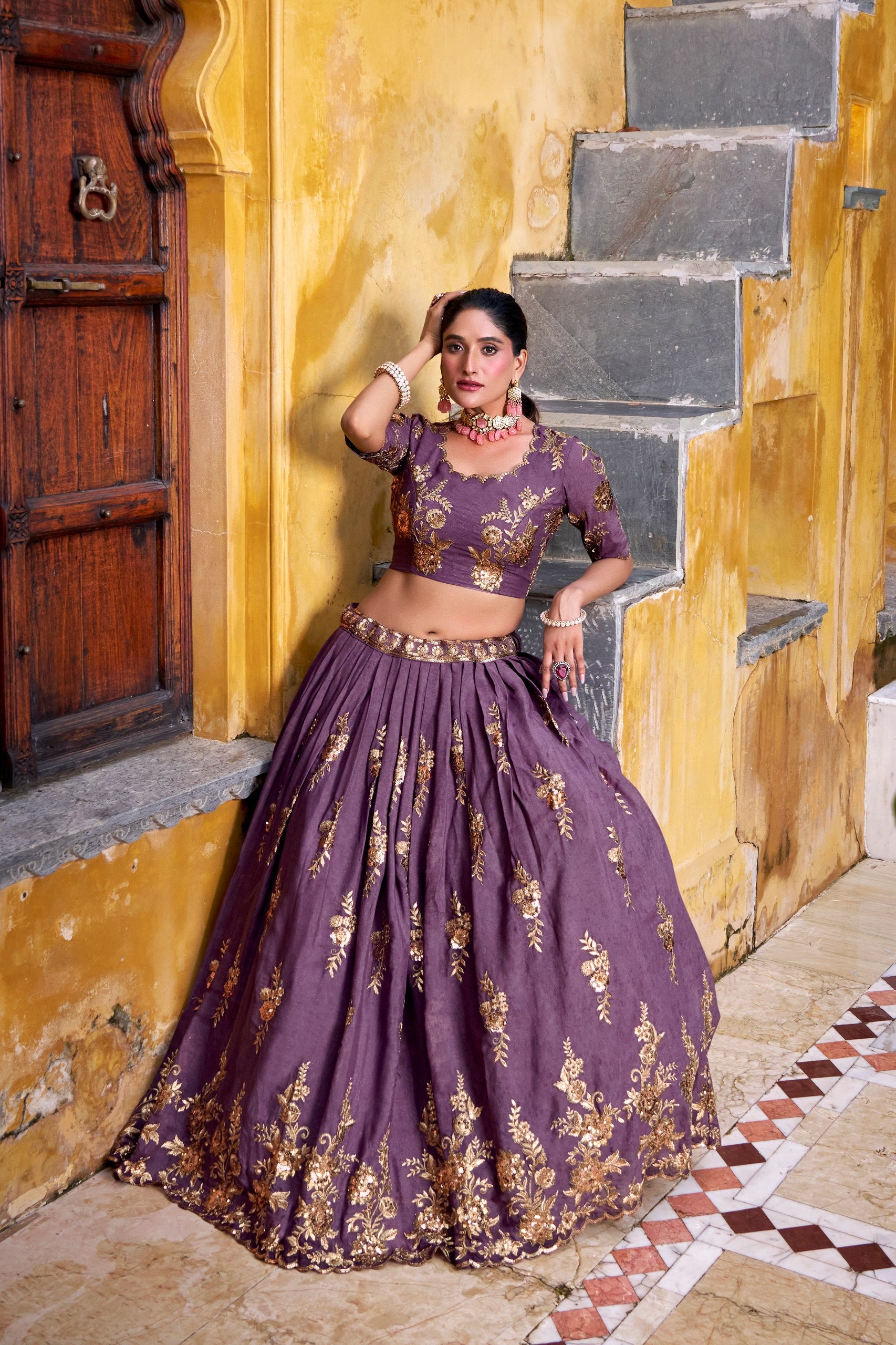 Purple Chocolate Crush Sequins and Thread Embroidered Lehenga Choli