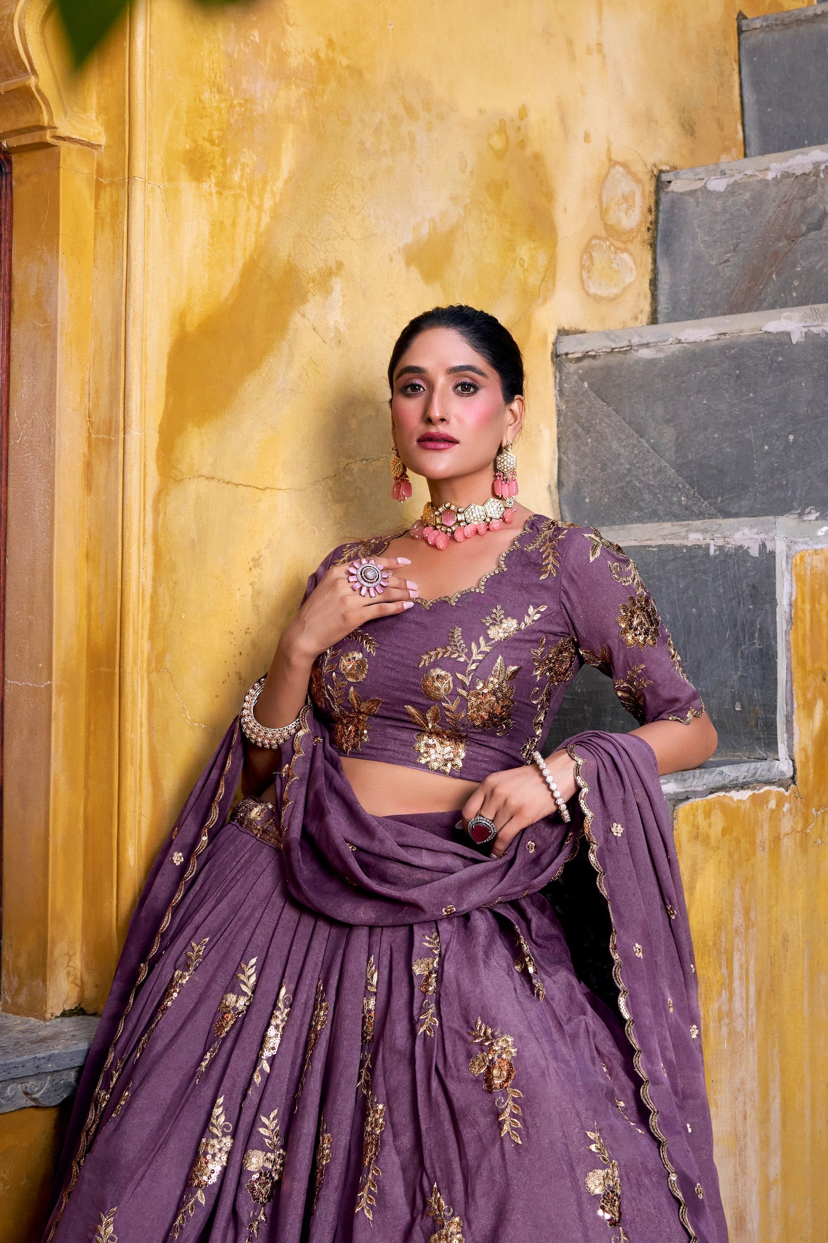 Purple Chocolate Crush Sequins and Thread Embroidered Lehenga Choli