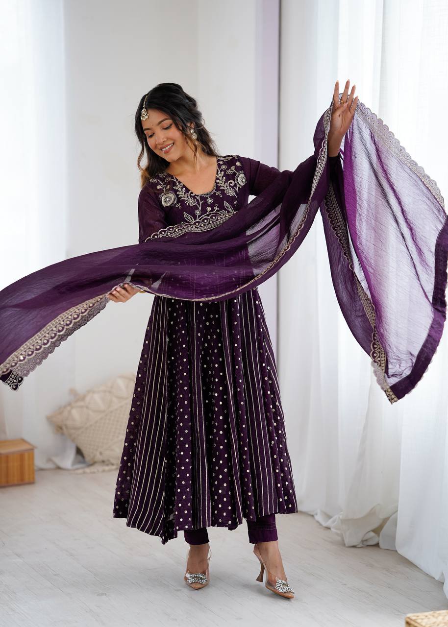 Purple Crunchy Silk Anarkali Gown with Embroidery Sequence Work