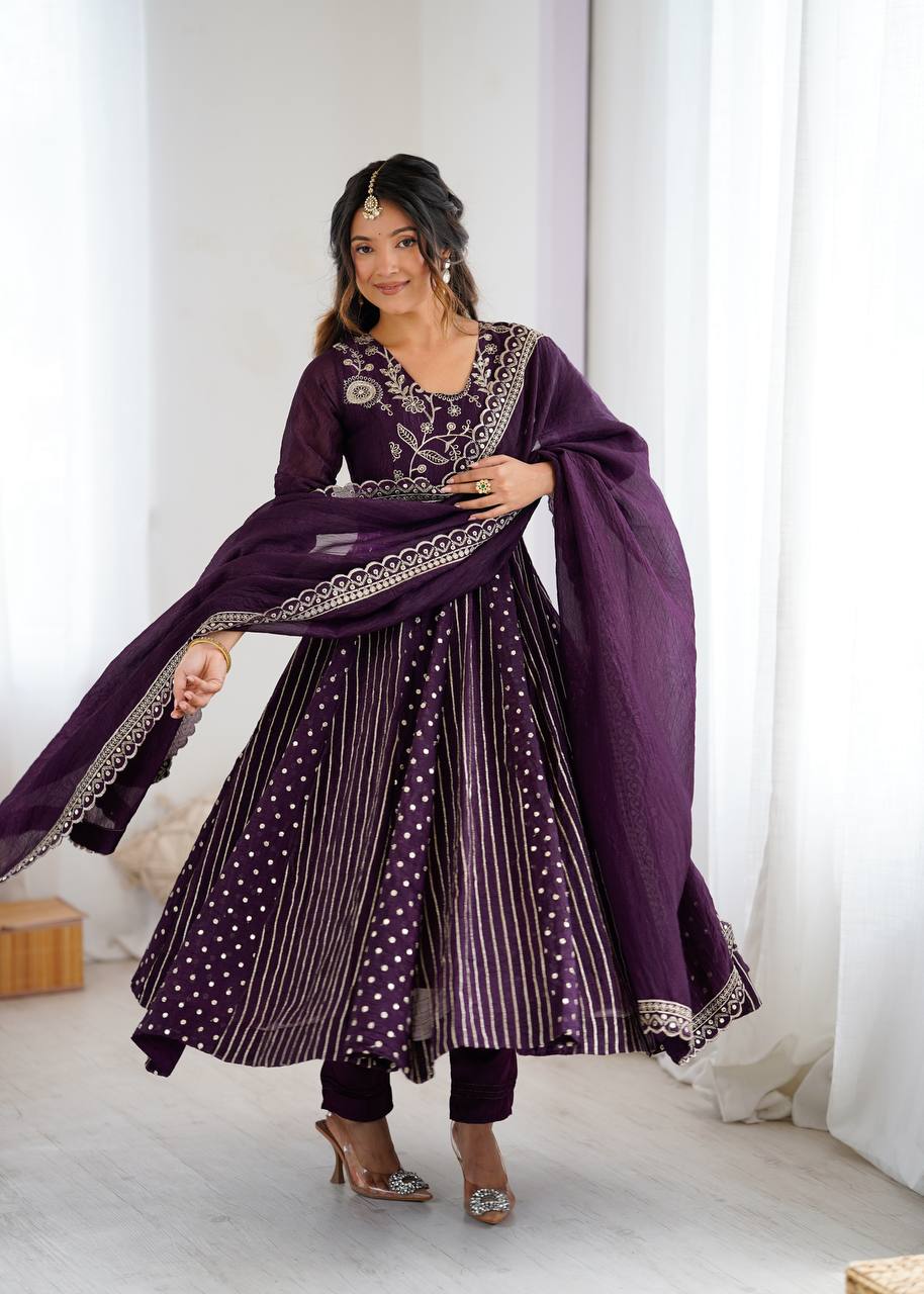 Purple Crunchy Silk Anarkali Gown with Embroidery Sequence Work