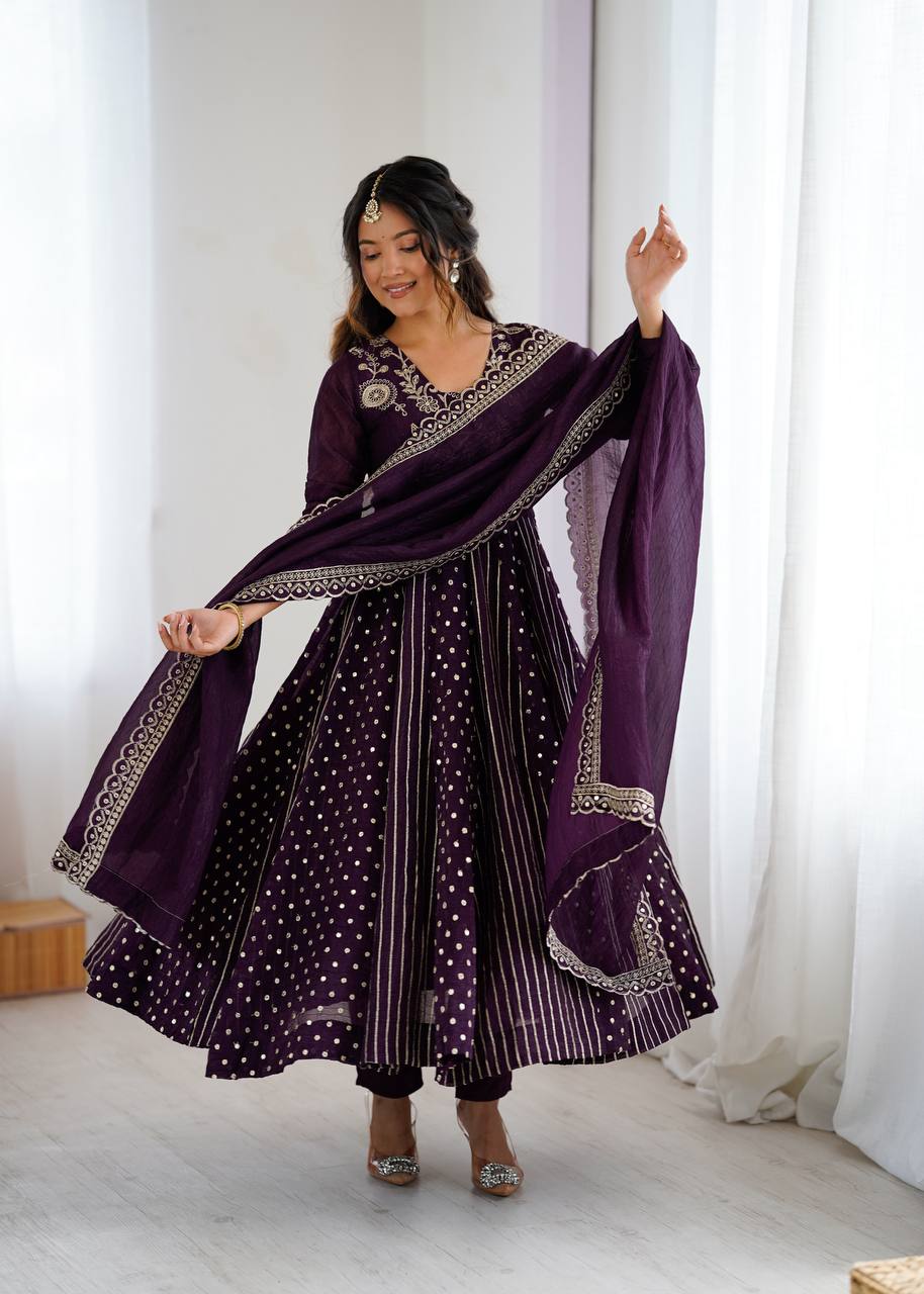 Purple Crunchy Silk Anarkali Gown with Embroidery Sequence Work