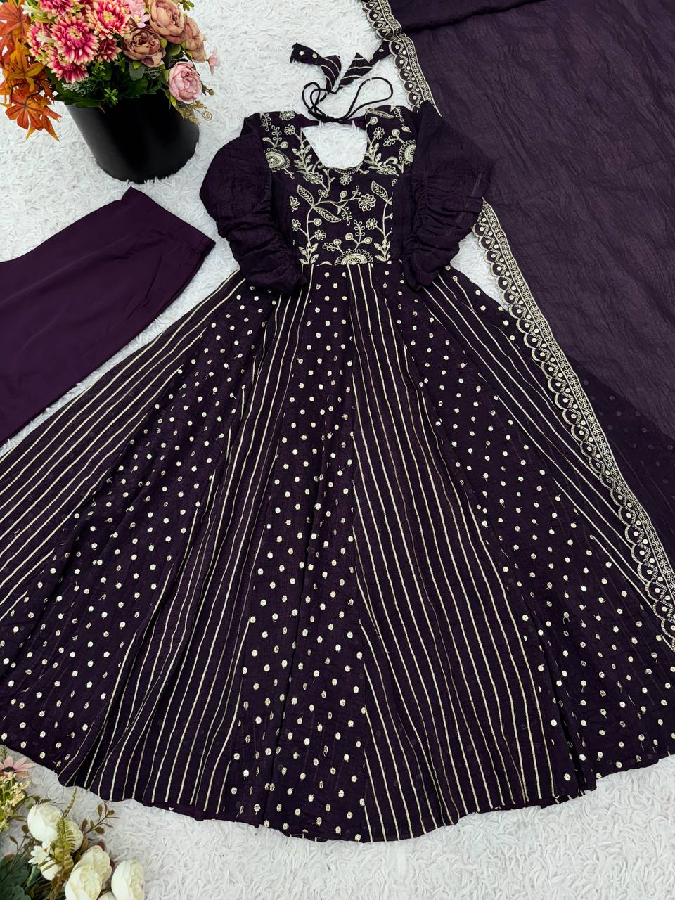 Purple Crunchy Silk Anarkali Gown with Embroidery Sequence Work