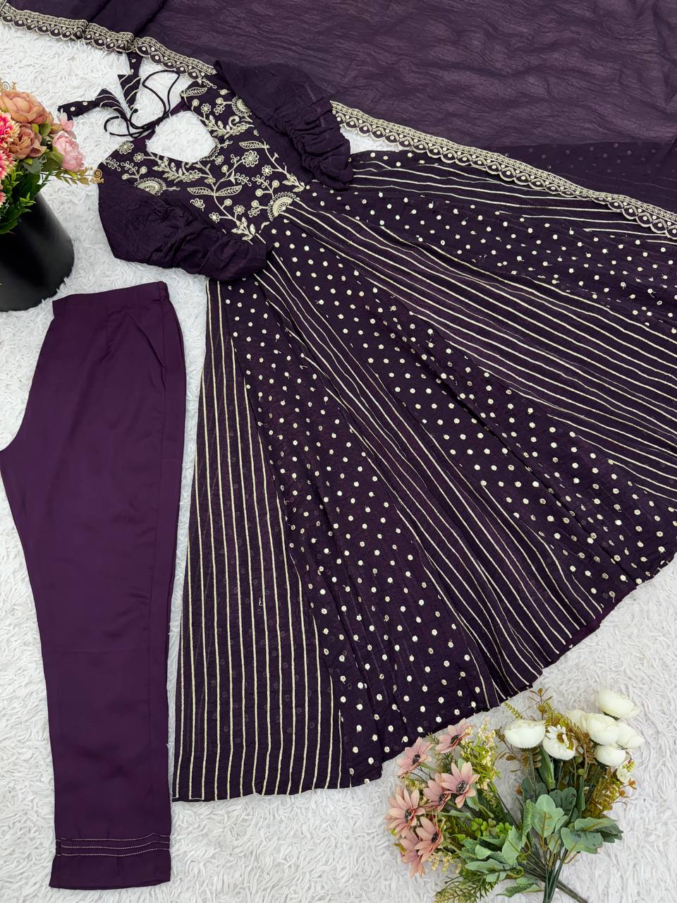 Purple Crunchy Silk Anarkali Gown with Embroidery Sequence Work