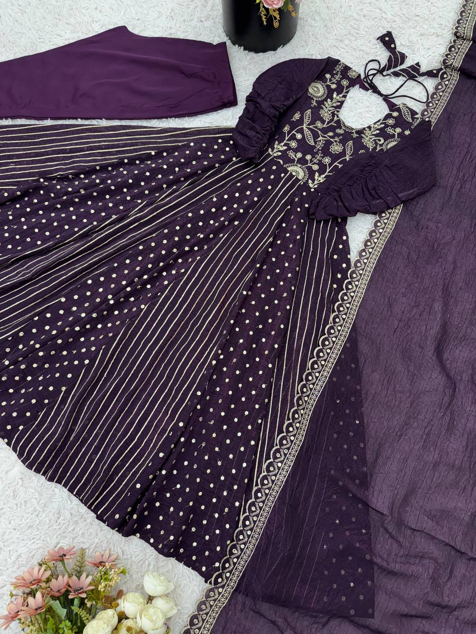 Purple Crunchy Silk Anarkali Gown with Embroidery Sequence Work