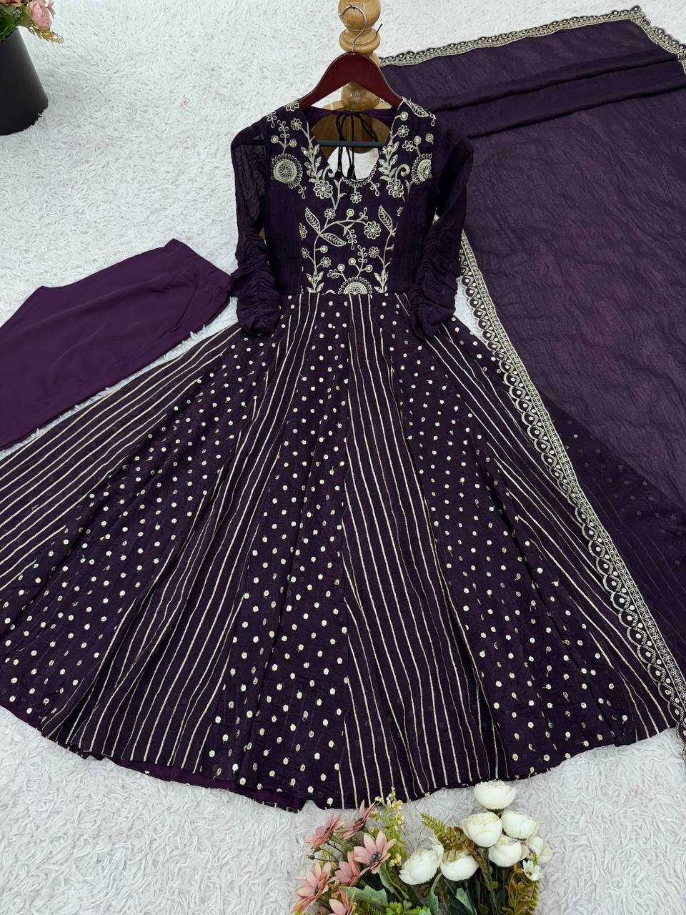 Purple Crunchy Silk Anarkali Gown with Embroidery Sequence Work