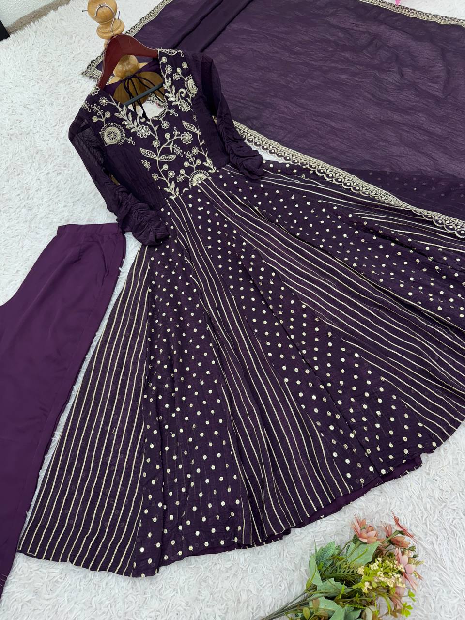 Purple Crunchy Silk Anarkali Gown with Embroidery Sequence Work
