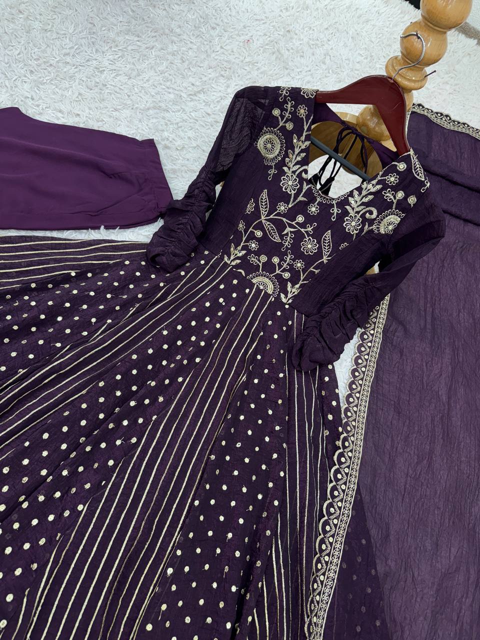 Purple Crunchy Silk Anarkali Gown with Embroidery Sequence Work