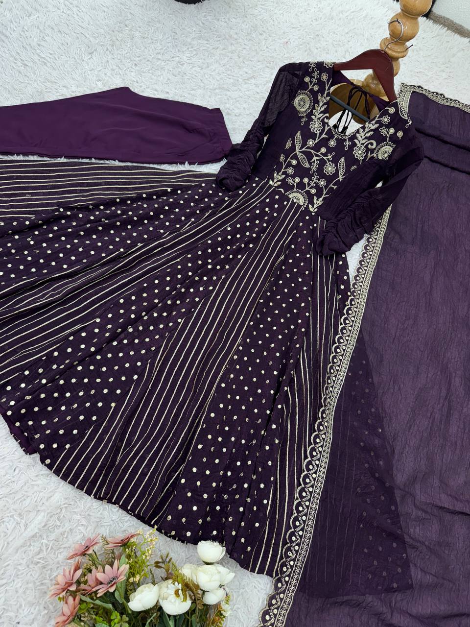 Purple Crunchy Silk Anarkali Gown with Embroidery Sequence Work