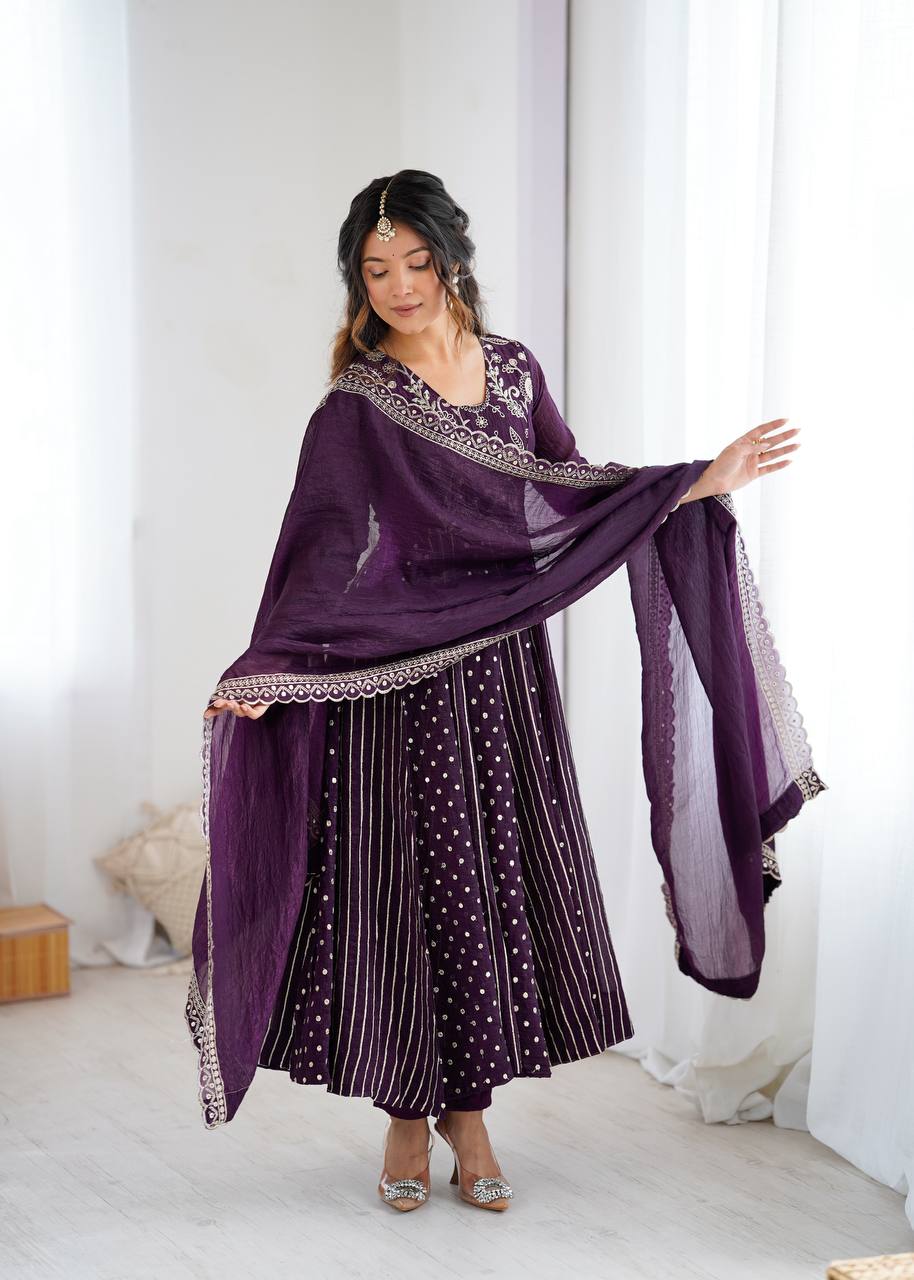 Purple Crunchy Silk Anarkali Gown with Embroidery Sequence Work