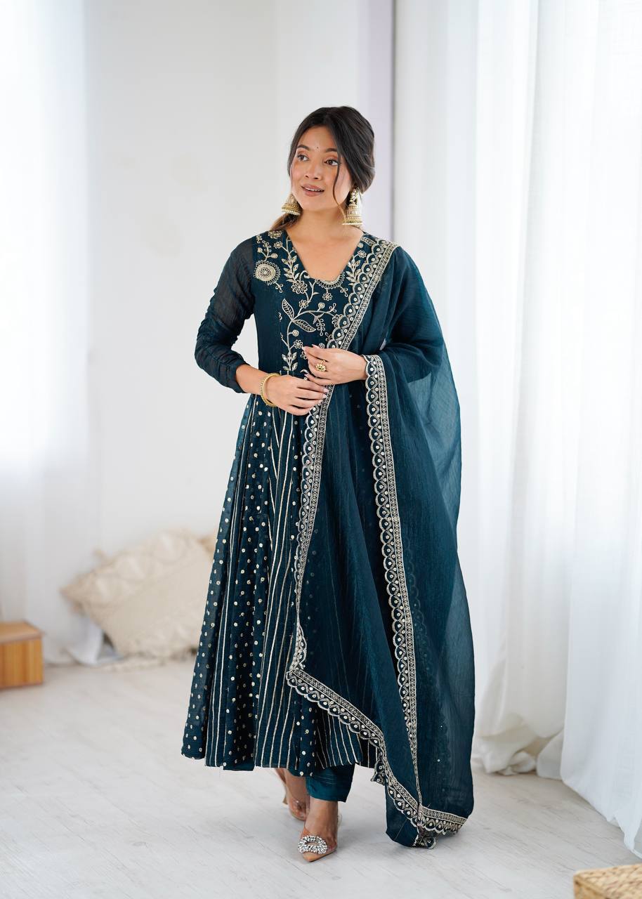 Purple Crunchy Silk Anarkali Gown with Embroidery Sequence Work
