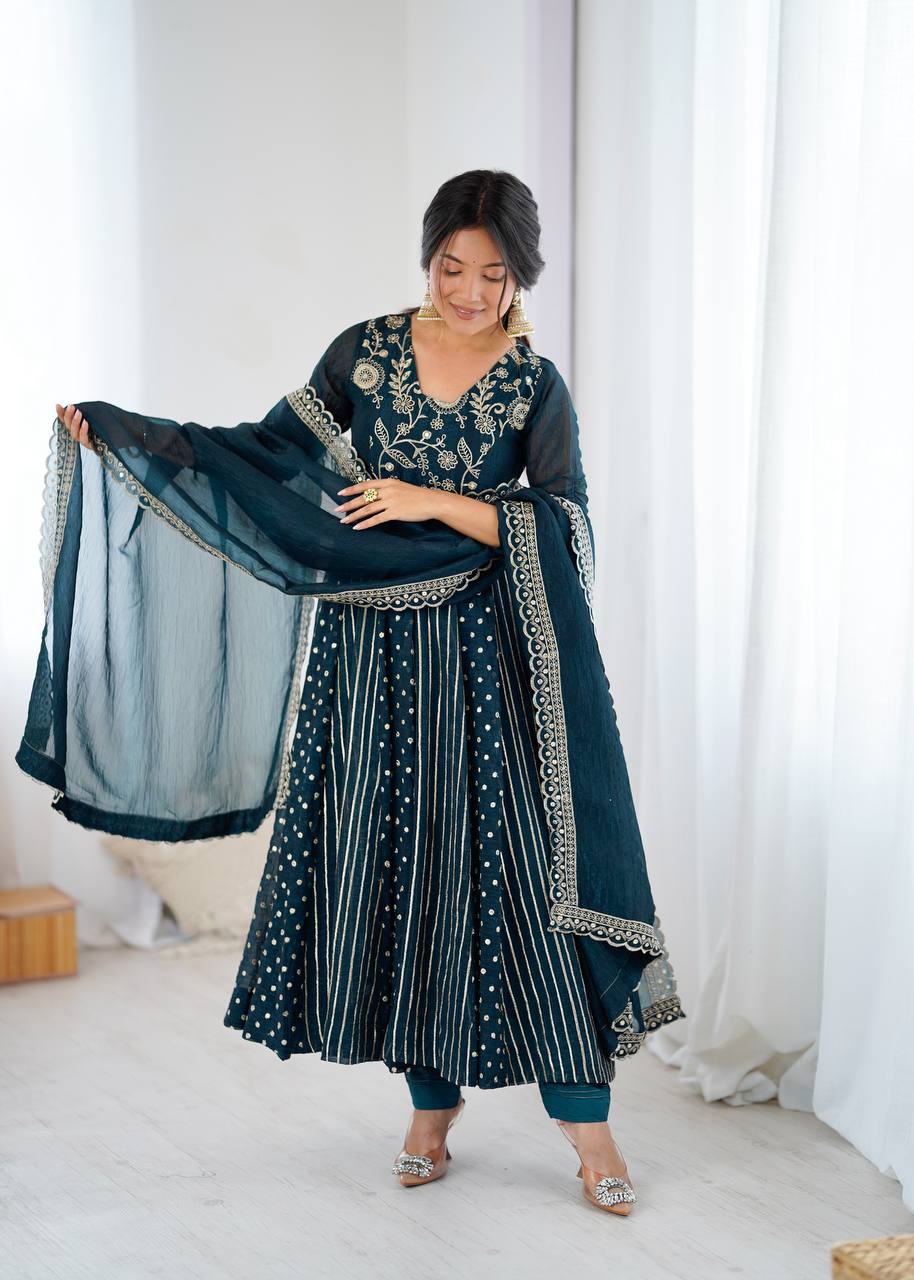 Purple Crunchy Silk Anarkali Gown with Embroidery Sequence Work