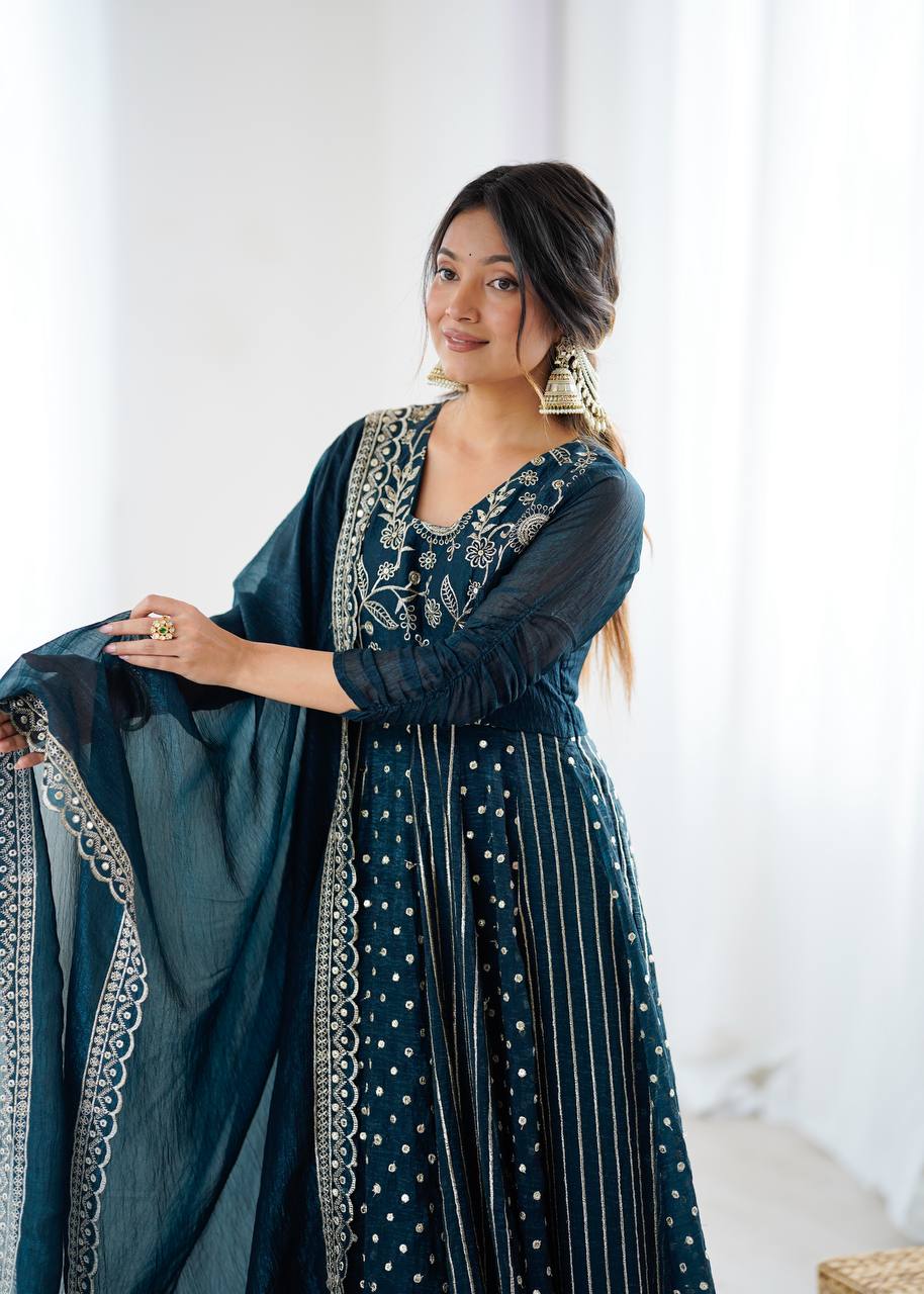 Purple Crunchy Silk Anarkali Gown with Embroidery Sequence Work