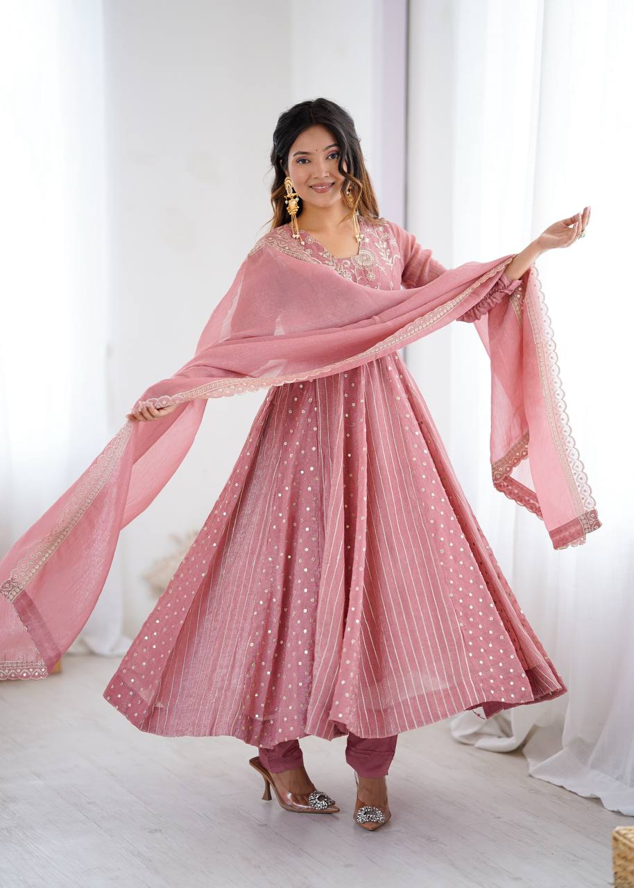 Purple Crunchy Silk Anarkali Gown with Embroidery Sequence Work