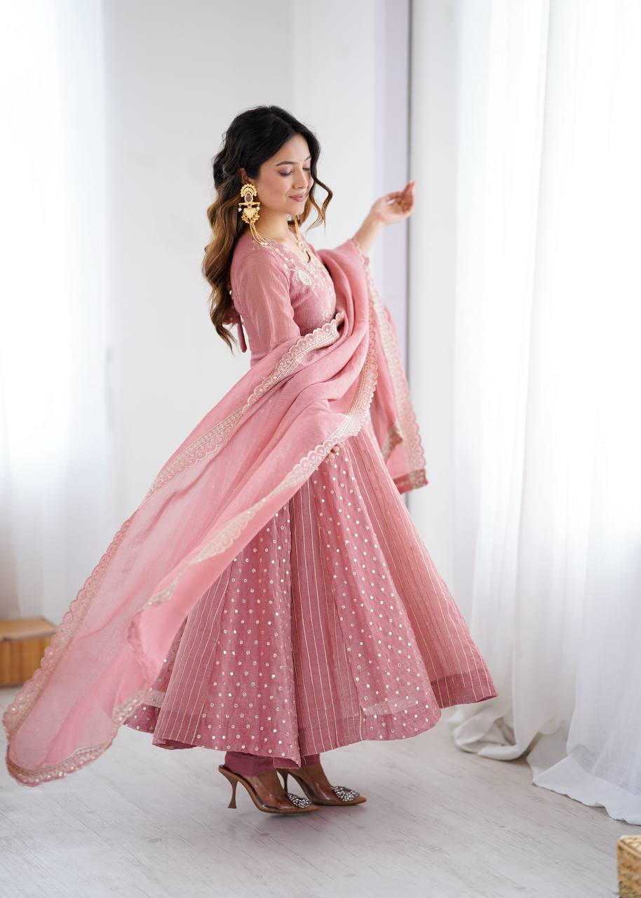 Purple Crunchy Silk Anarkali Gown with Embroidery Sequence Work