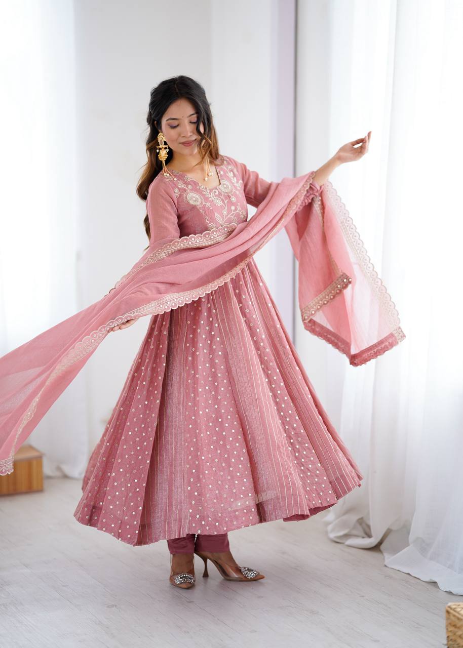 Purple Crunchy Silk Anarkali Gown with Embroidery Sequence Work