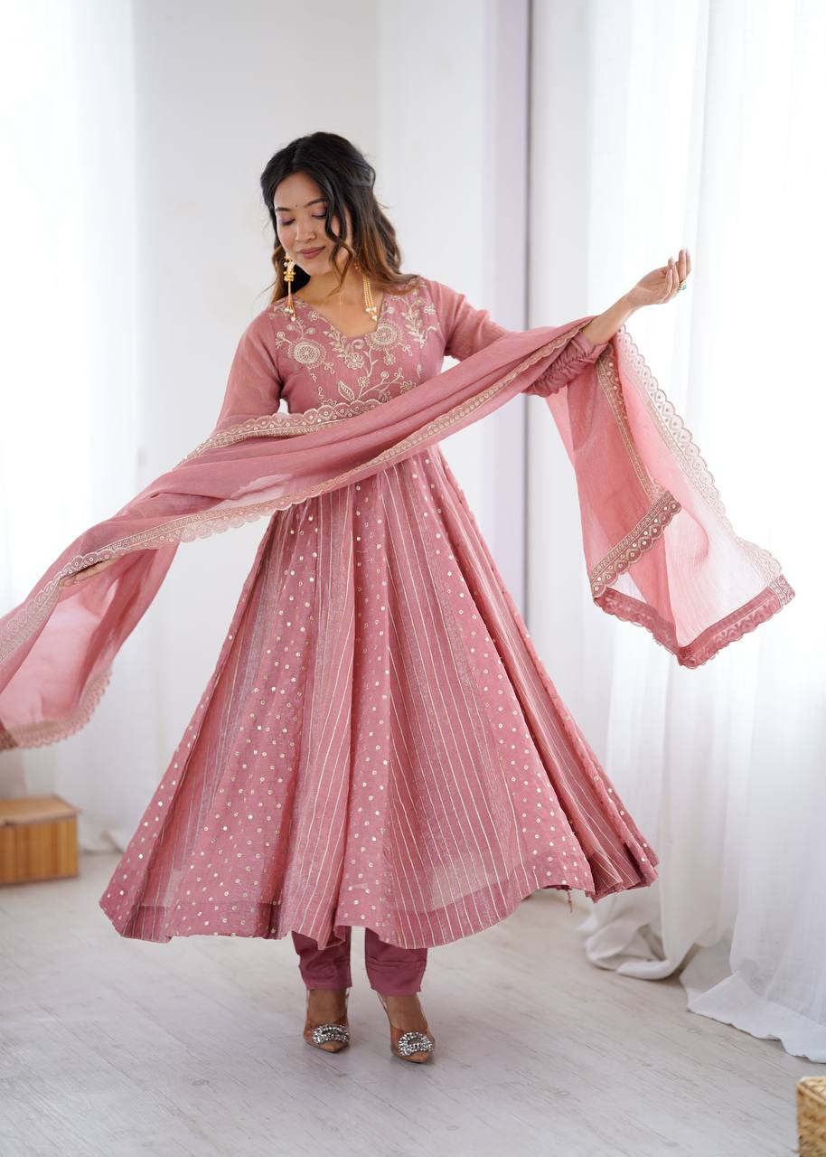 Purple Crunchy Silk Anarkali Gown with Embroidery Sequence Work