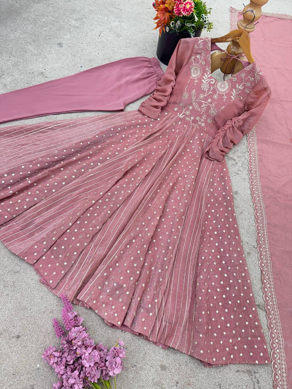 Purple Crunchy Silk Anarkali Gown with Embroidery Sequence Work