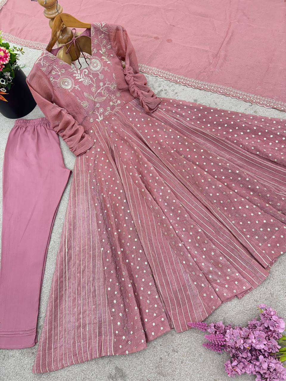 Purple Crunchy Silk Anarkali Gown with Embroidery Sequence Work