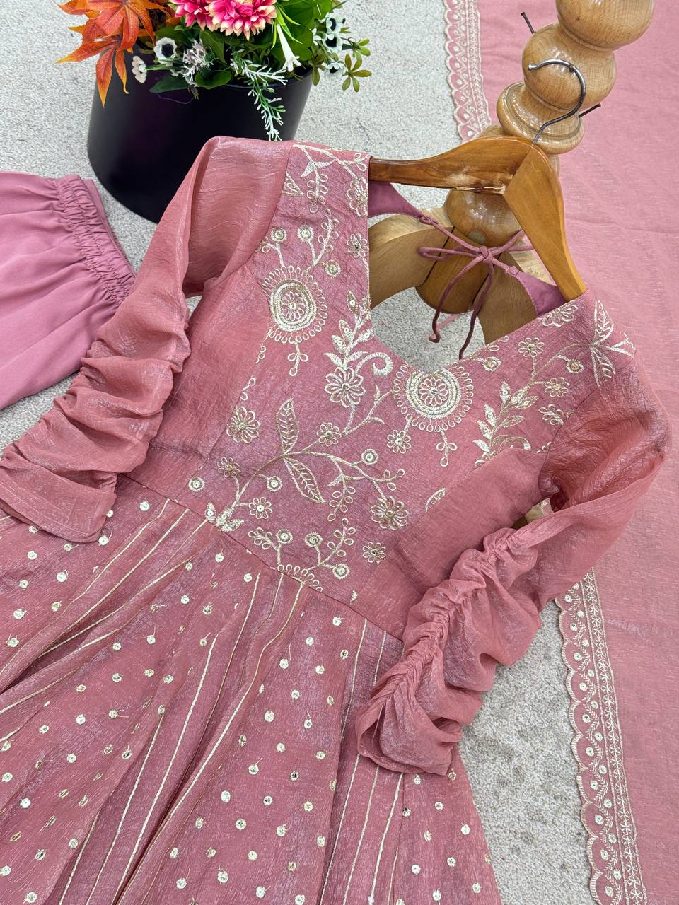 Purple Crunchy Silk Anarkali Gown with Embroidery Sequence Work