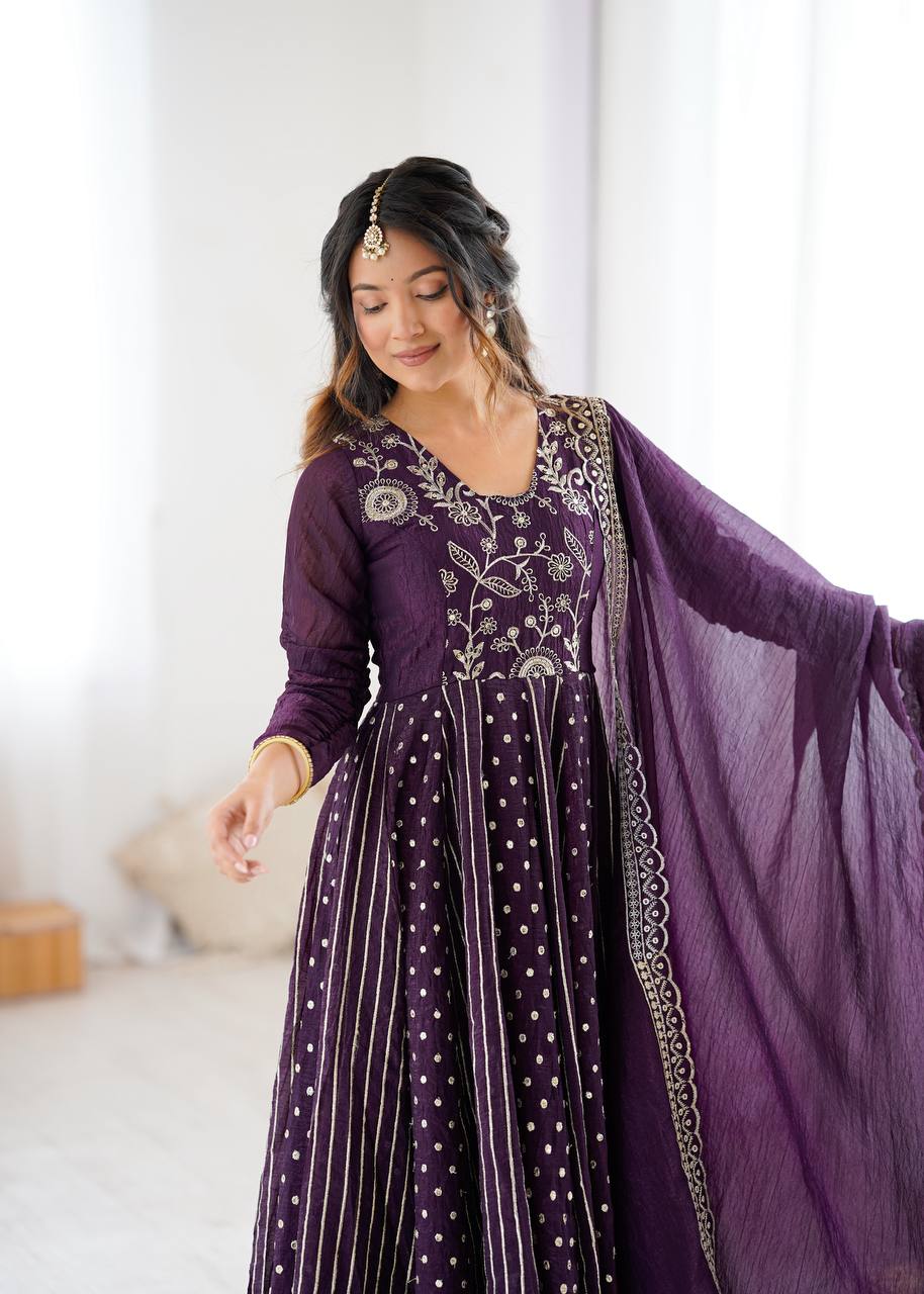 Purple Crunchy Silk Anarkali Gown with Embroidery Sequence Work