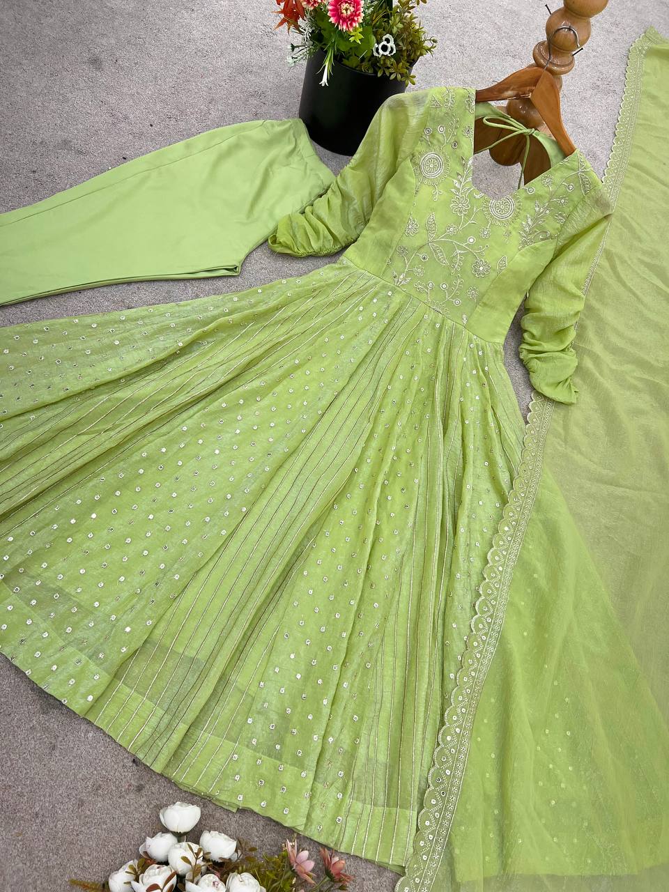 Purple Crunchy Silk Anarkali Gown with Embroidery Sequence Work