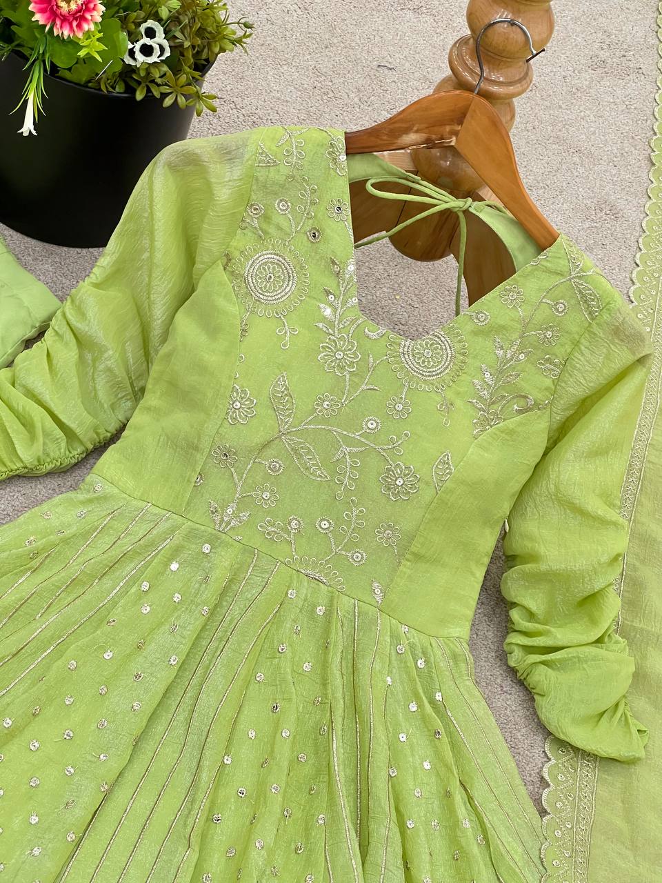Purple Crunchy Silk Anarkali Gown with Embroidery Sequence Work