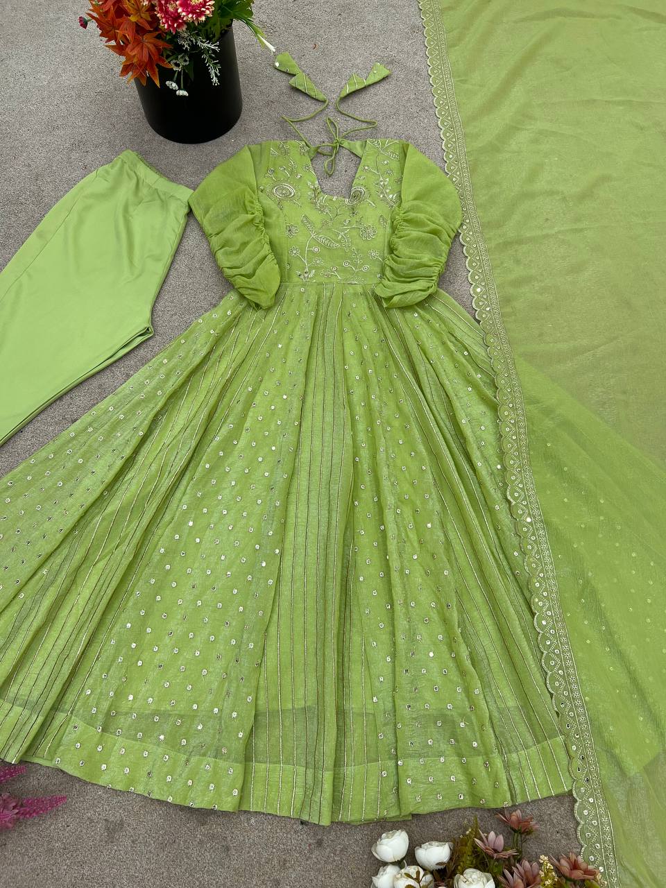 Purple Crunchy Silk Anarkali Gown with Embroidery Sequence Work