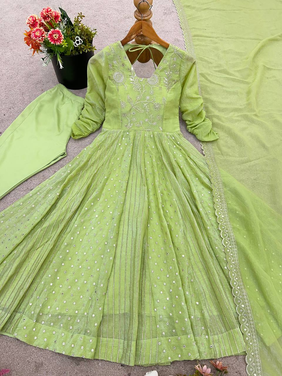 Purple Crunchy Silk Anarkali Gown with Embroidery Sequence Work