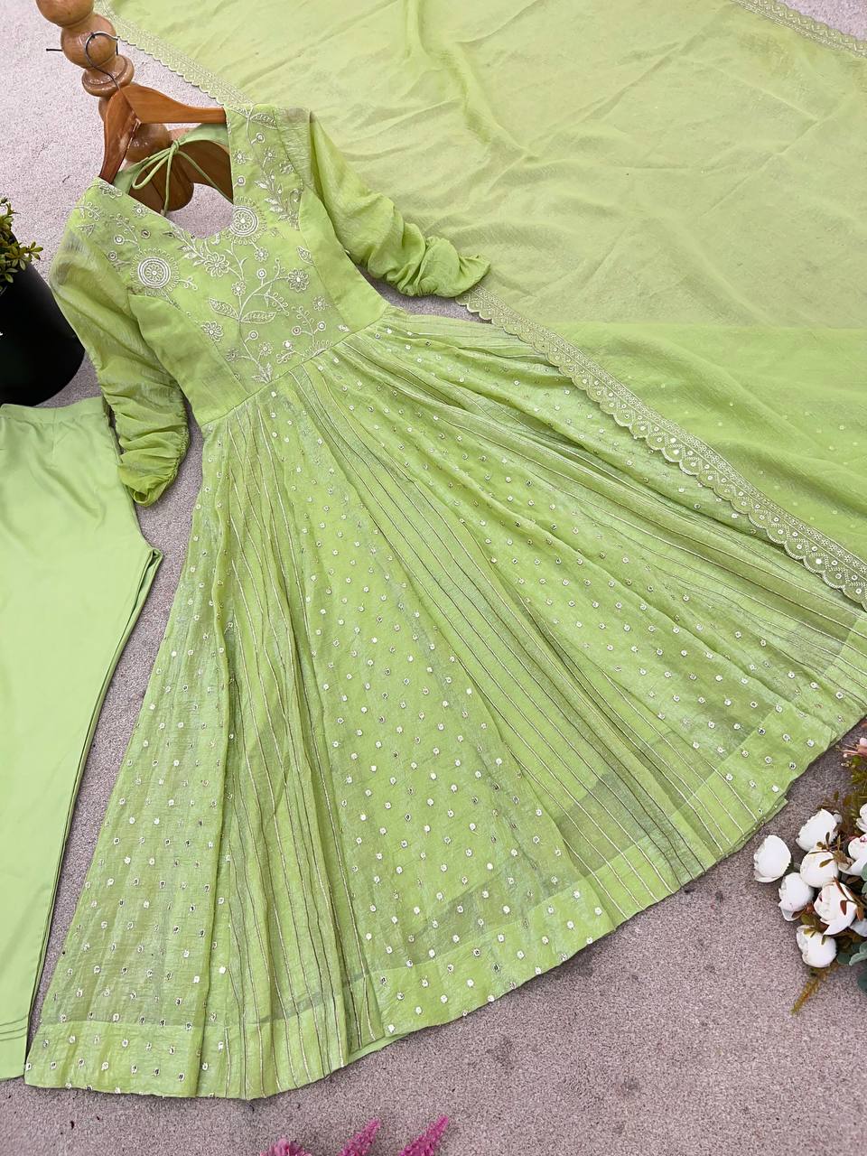 Purple Crunchy Silk Anarkali Gown with Embroidery Sequence Work