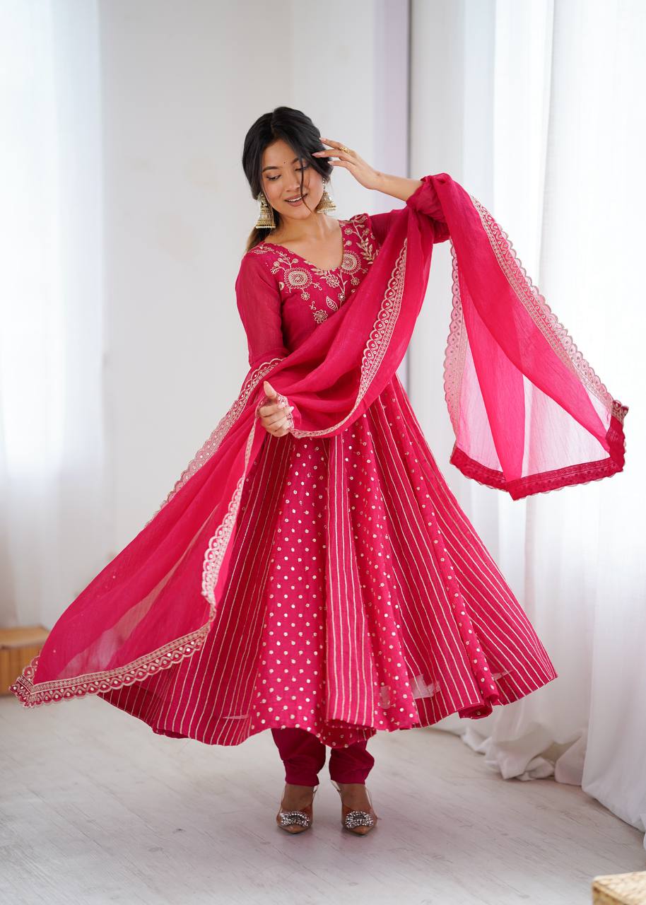 Purple Crunchy Silk Anarkali Gown with Embroidery Sequence Work