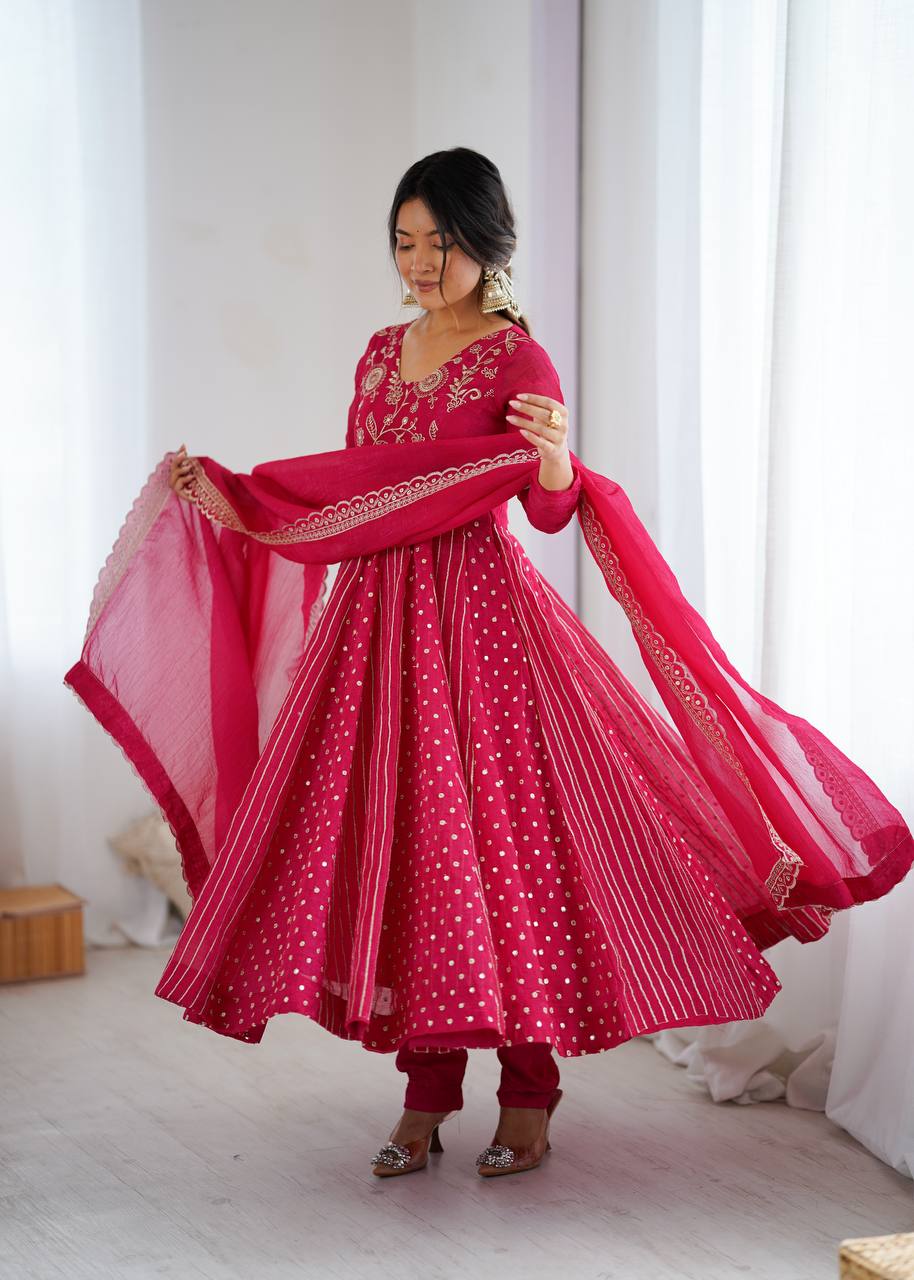 Purple Crunchy Silk Anarkali Gown with Embroidery Sequence Work