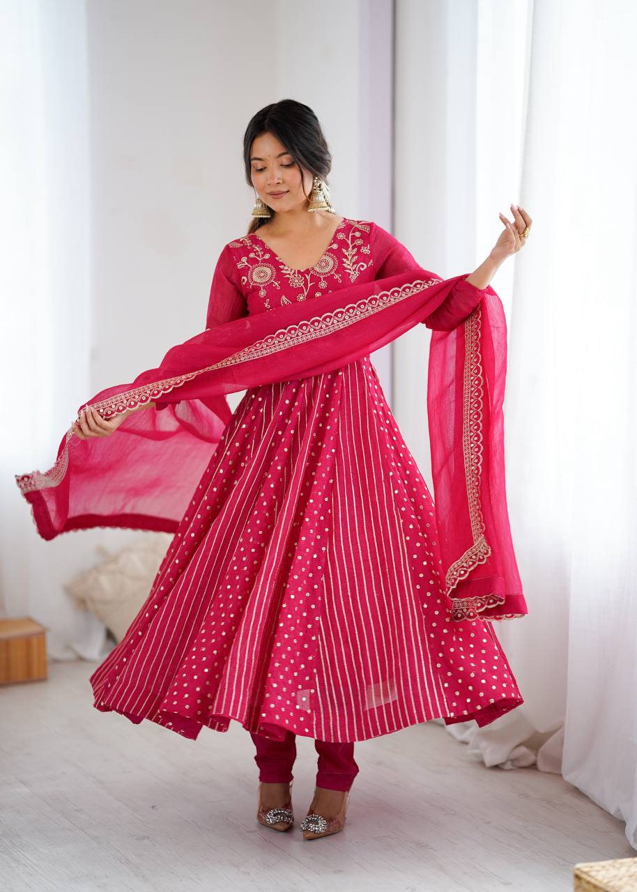 Purple Crunchy Silk Anarkali Gown with Embroidery Sequence Work