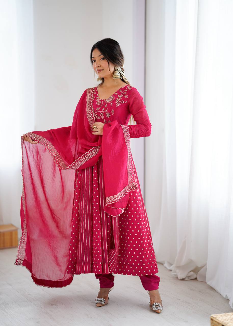 Purple Crunchy Silk Anarkali Gown with Embroidery Sequence Work