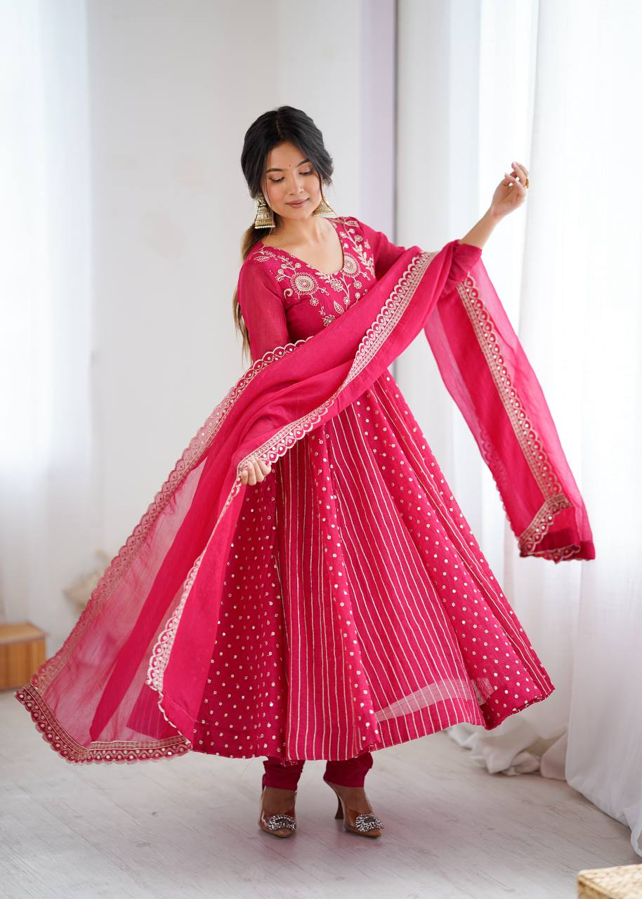 Purple Crunchy Silk Anarkali Gown with Embroidery Sequence Work