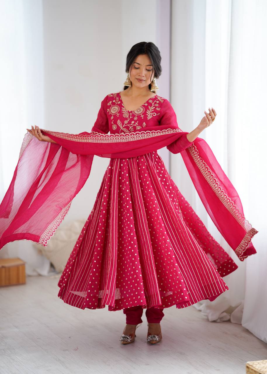 Purple Crunchy Silk Anarkali Gown with Embroidery Sequence Work
