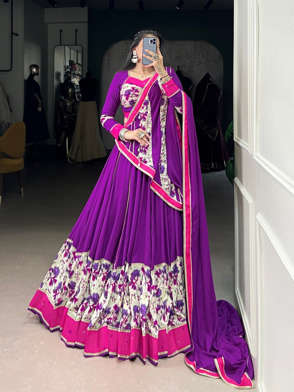 Purple Floral Rayon Lehenga Choli with Mirror Work