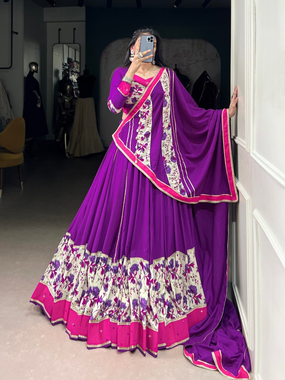 Purple Floral Rayon Lehenga Choli with Mirror Work
