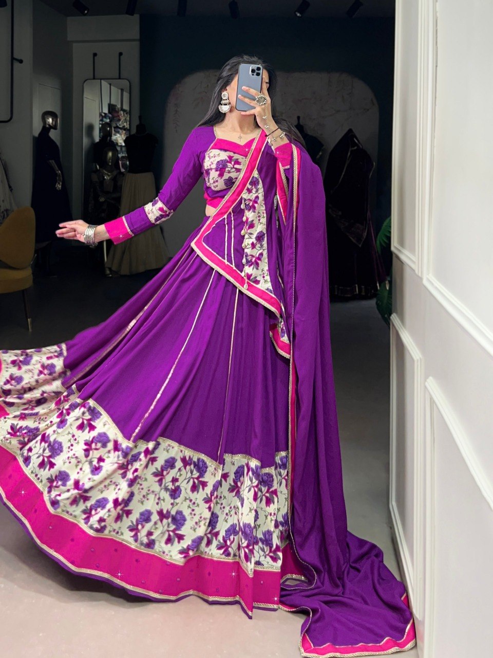 Purple Floral Rayon Lehenga Choli with Mirror Work