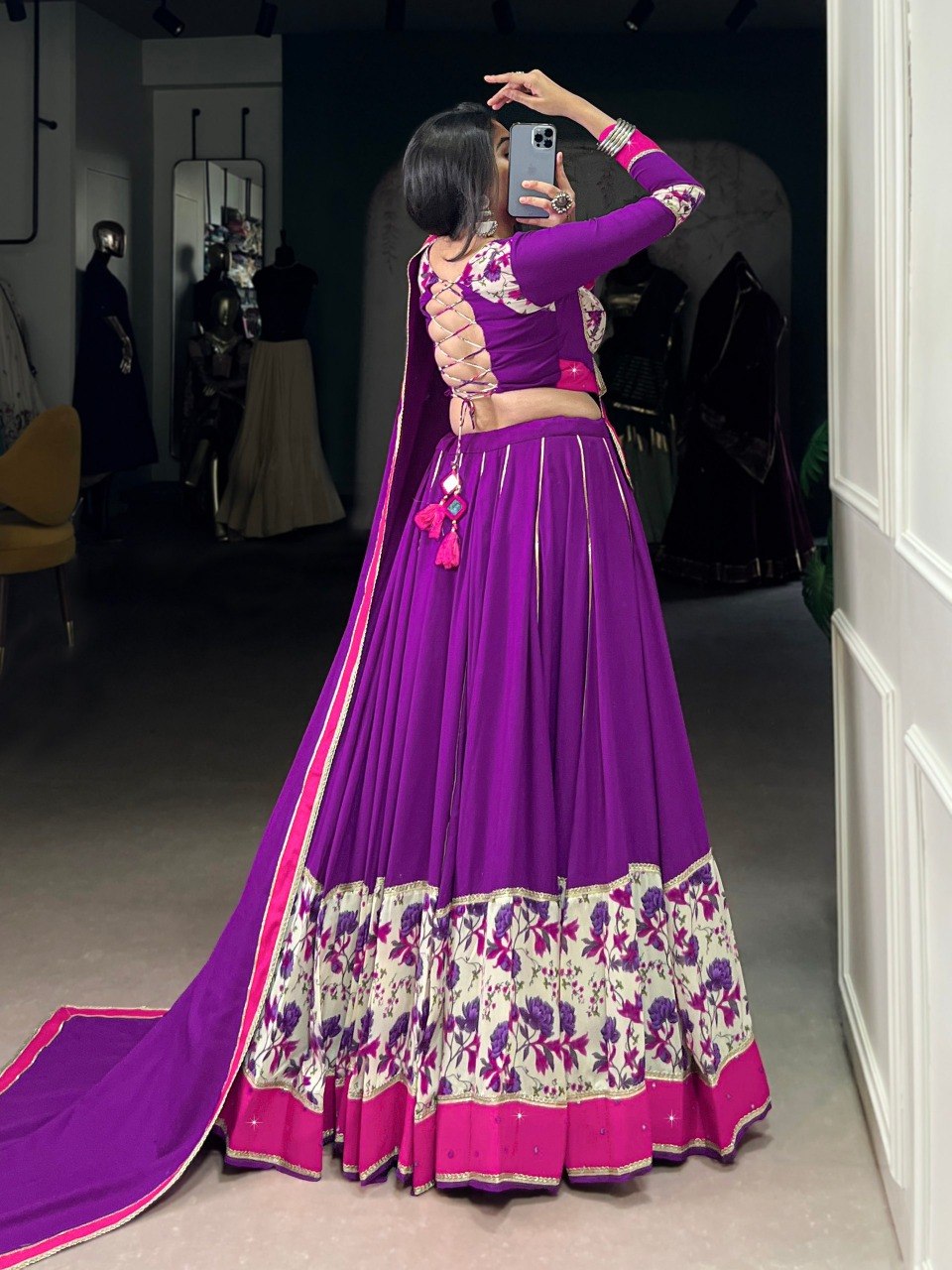 Purple Floral Rayon Lehenga Choli with Mirror Work