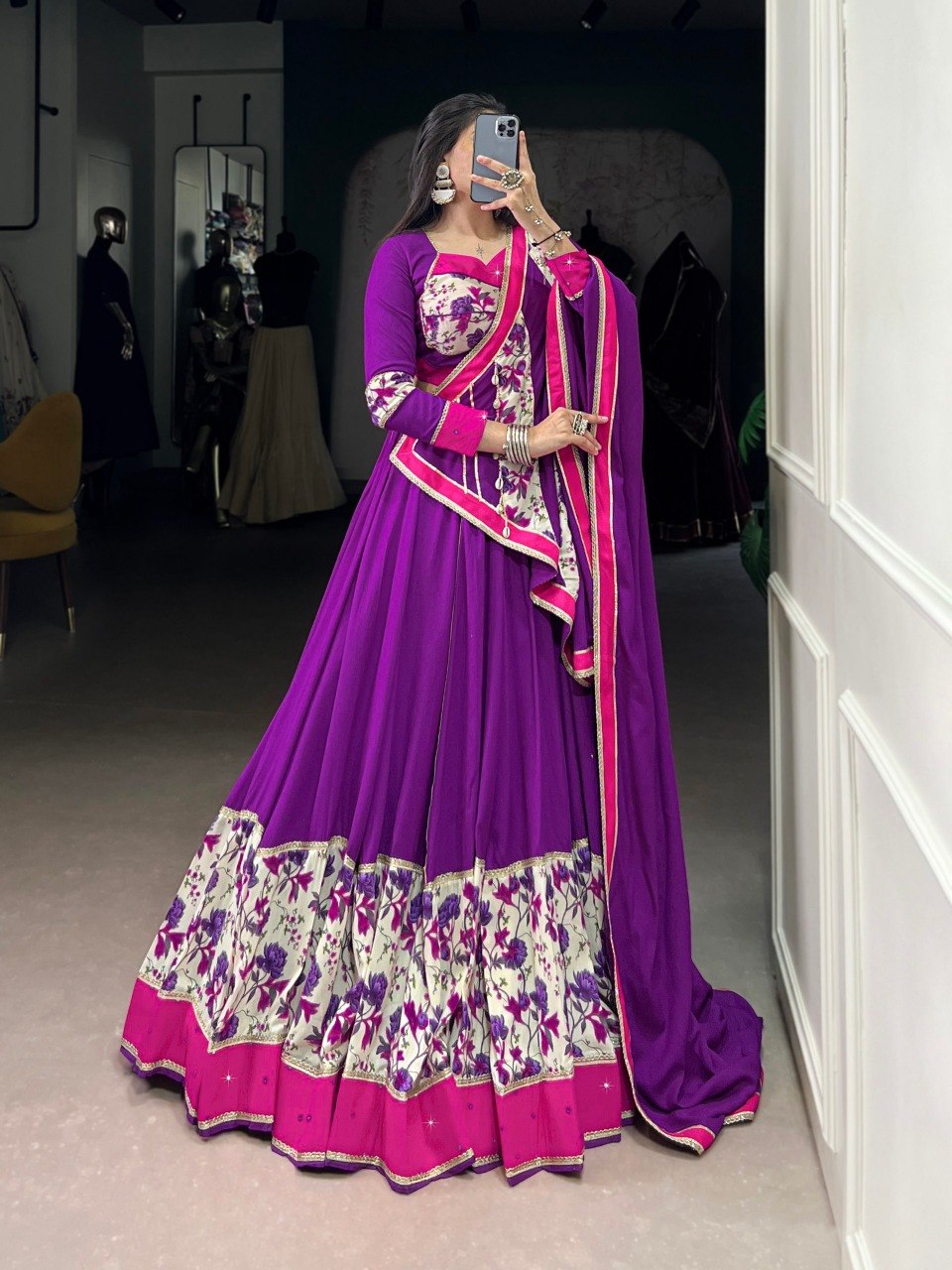 Purple Floral Rayon Lehenga Choli with Mirror Work