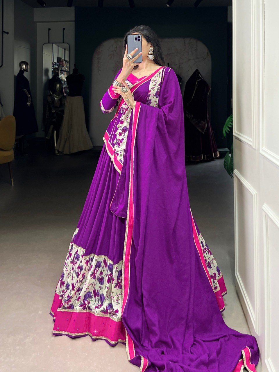 Purple Floral Rayon Lehenga Choli with Mirror Work