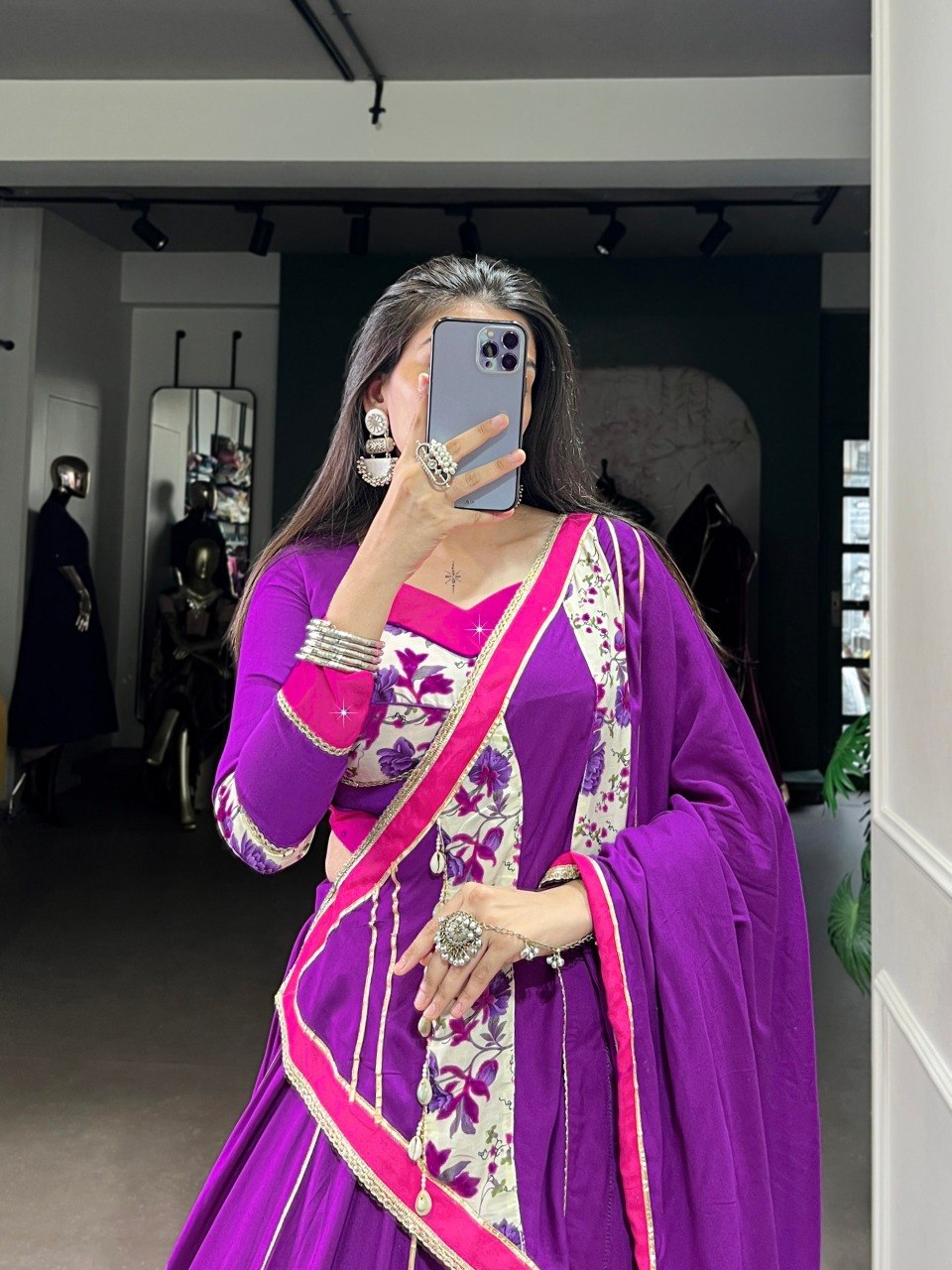 Purple Floral Rayon Lehenga Choli with Mirror Work
