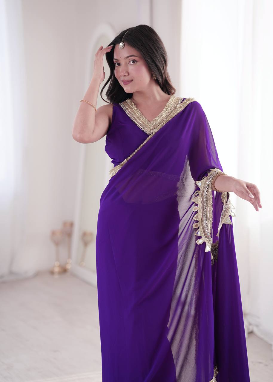 Purple Georgette Ready-to-Wear Saree with Stitched Blouse
