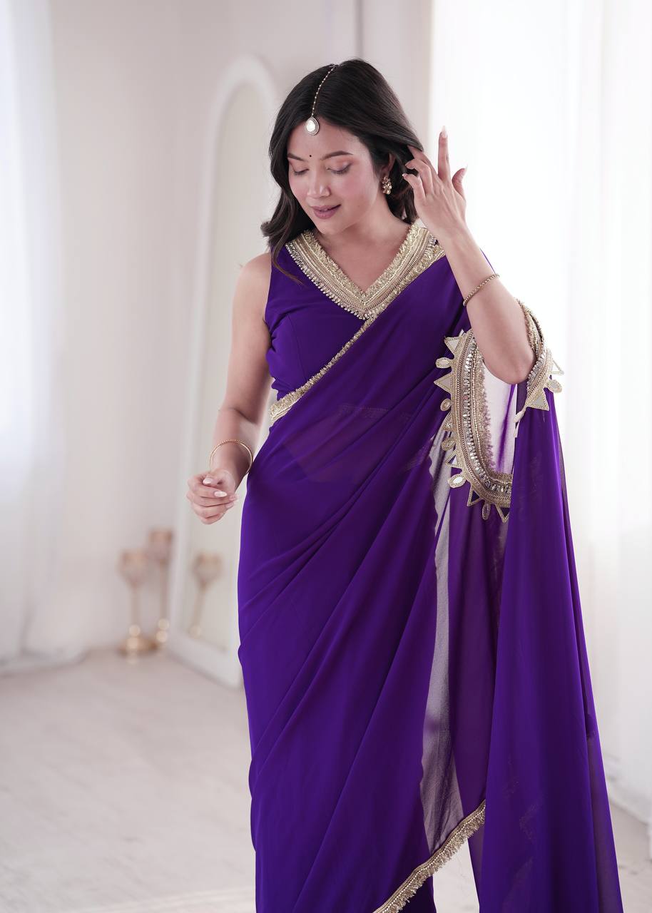 Purple Georgette Ready-to-Wear Saree with Stitched Blouse