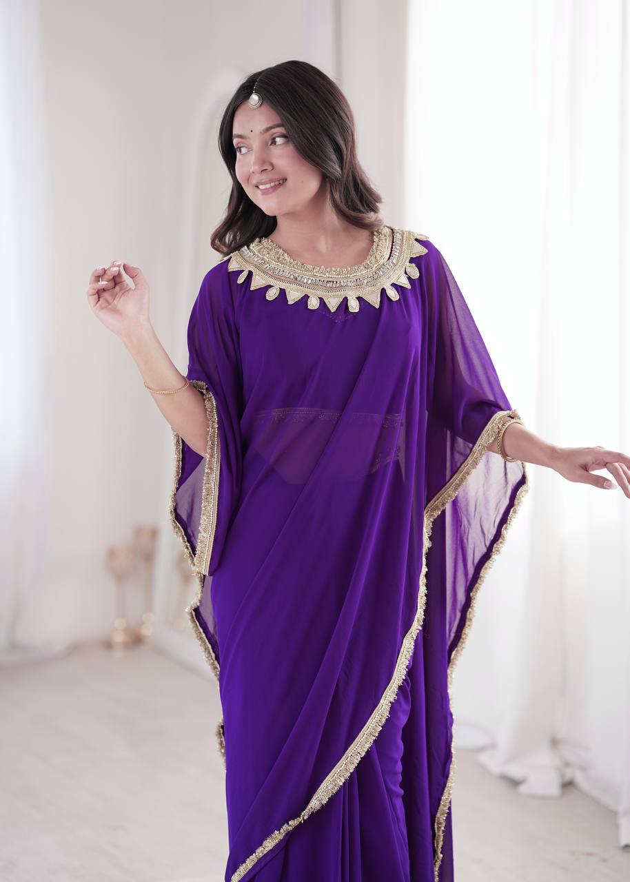 Purple Georgette Ready-to-Wear Saree with Stitched Blouse