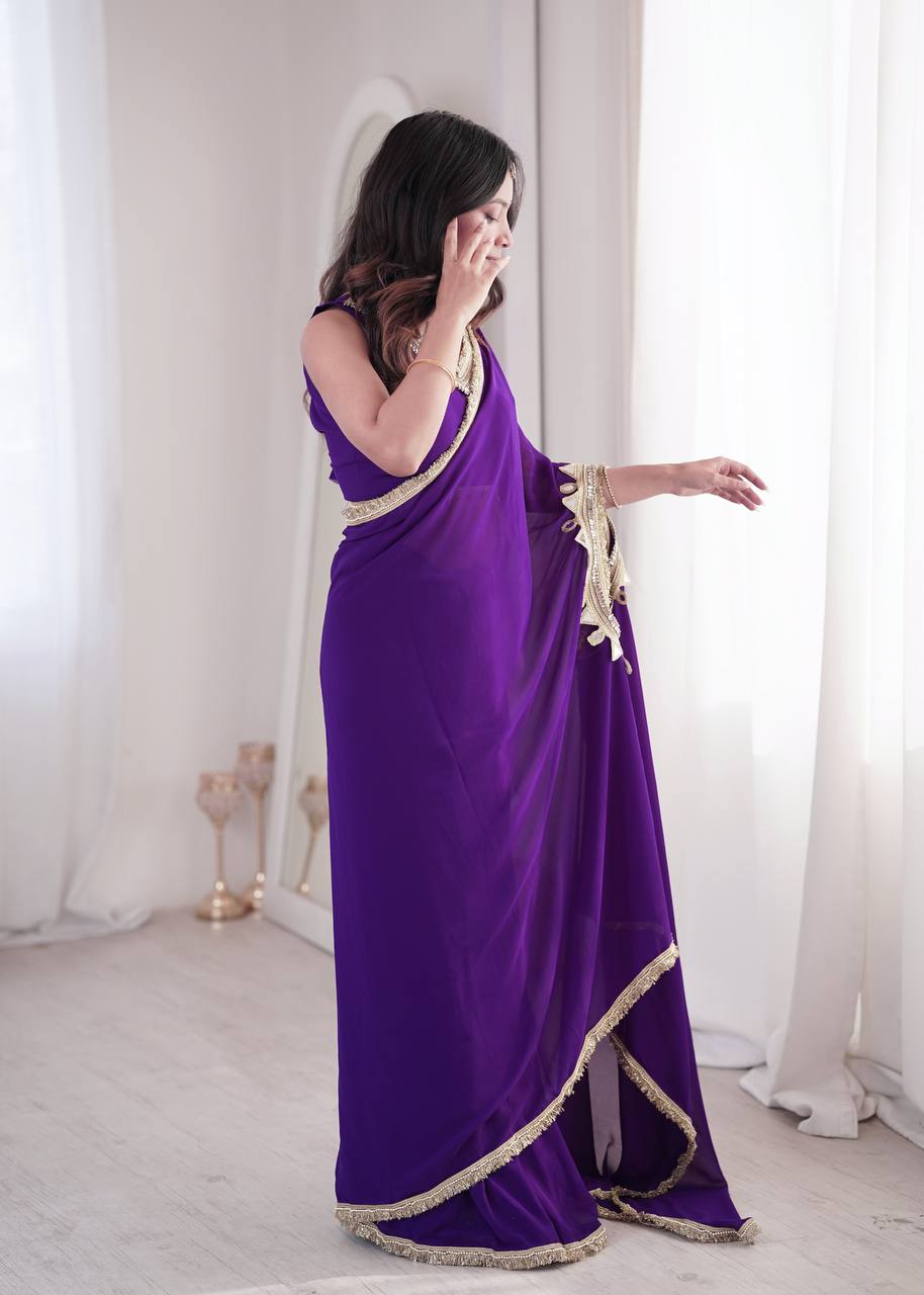 Purple Georgette Ready-to-Wear Saree with Stitched Blouse