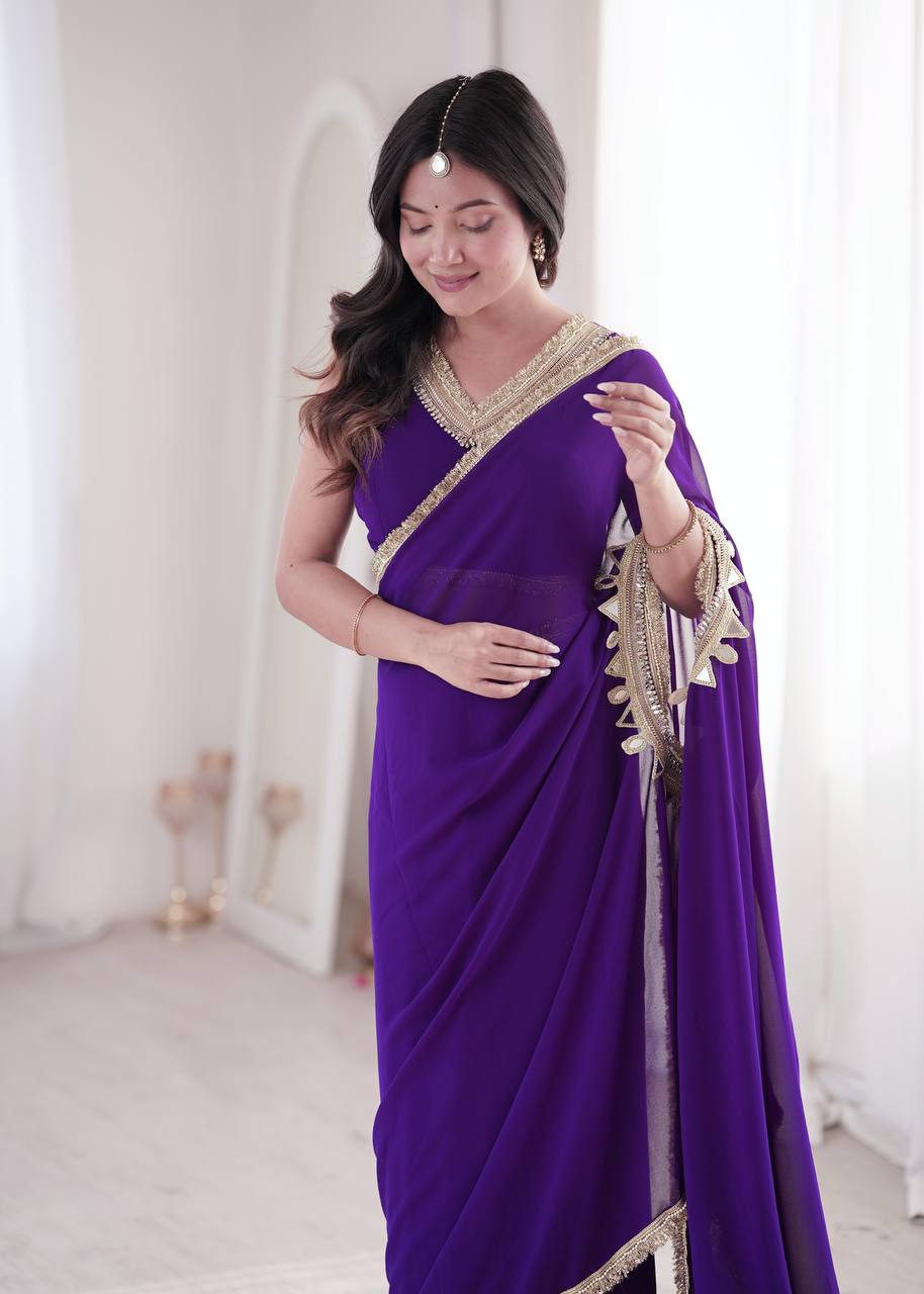 Purple Georgette Ready-to-Wear Saree with Stitched Blouse
