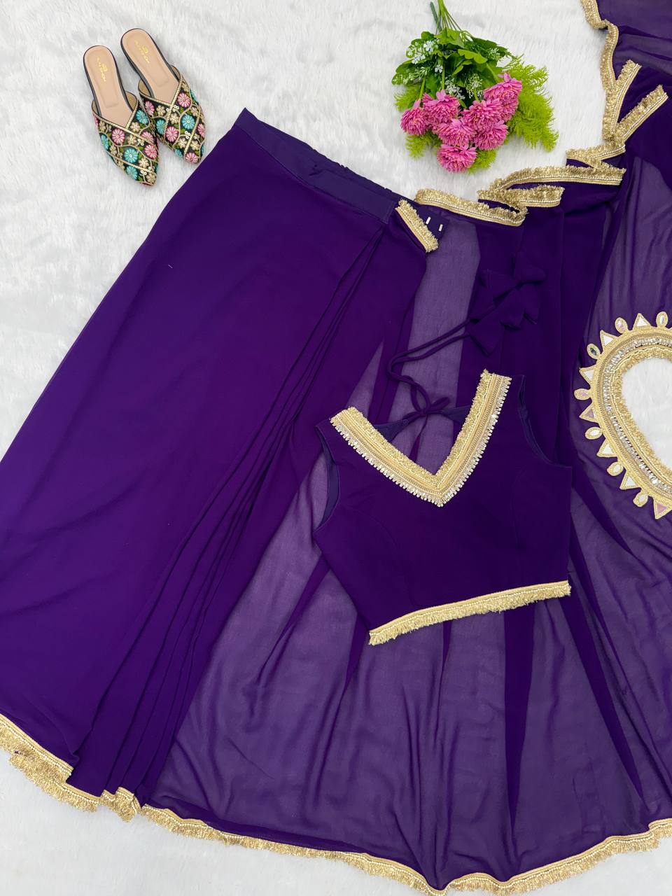 Purple Georgette Ready-to-Wear Saree with Stitched Blouse