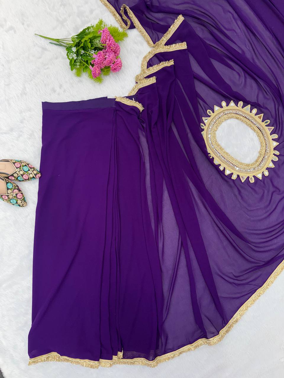 Purple Georgette Ready-to-Wear Saree with Stitched Blouse