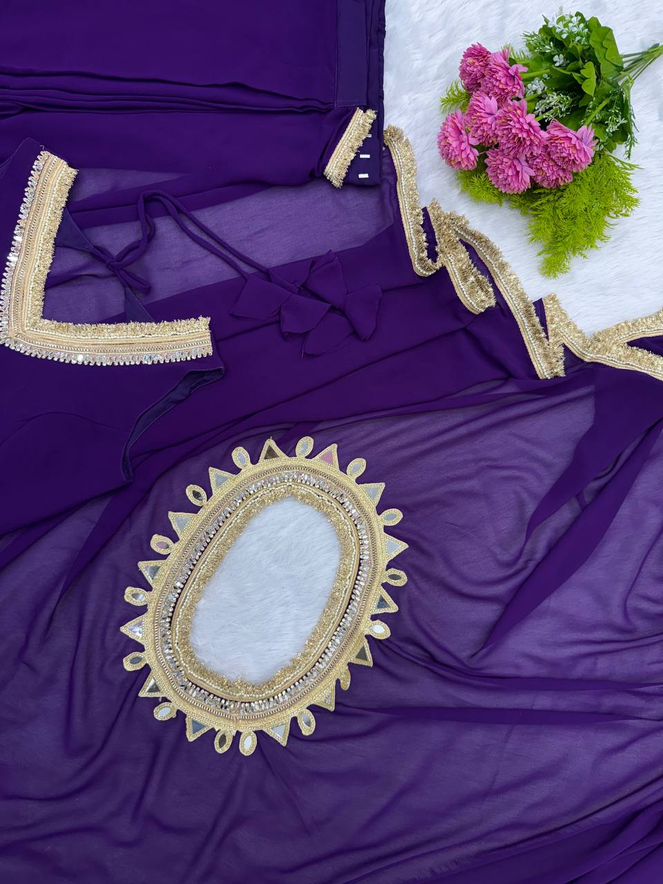 Purple Georgette Ready-to-Wear Saree with Stitched Blouse